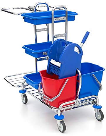Wisch-Star Chrom Putzwagen mit Eimer für Gewerbe | Profi-Reinigungswagen für Gewerbe mit Presse, 2 x 17 Liter Eimer, 3 x Ablagefächer und 2 x 120 Liter Müllsackhalterung