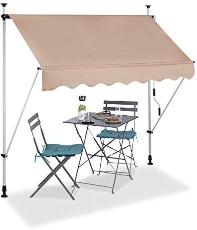 Relaxdays Klemmmarkise, Balkon Sonnenschutz, einziehbar, Fallarm, ohne Bohren, höhenverstellbar, 200 cm breit, beige