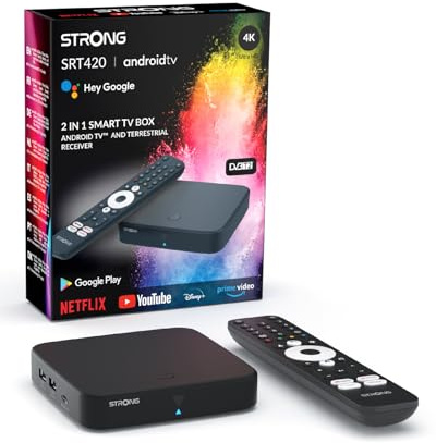 STRONG SRT420 4K Streaming Box Android TV Mit Ethernet-Port, DVB-T2, 2GB RAM + 8GB Speicher, Integriertem Chromecast, WiFi, Google Sprachassistent, HDR10+