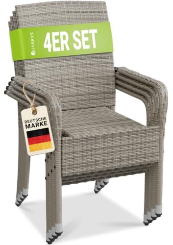 Juskys Polyrattan Gartenstühle Yoro 4er Set mit Armlehnen & Rückenlehne - 4 Stühle stapelbar - Rattan Stuhl Garten - Stapelstuhl Grau-meliert
