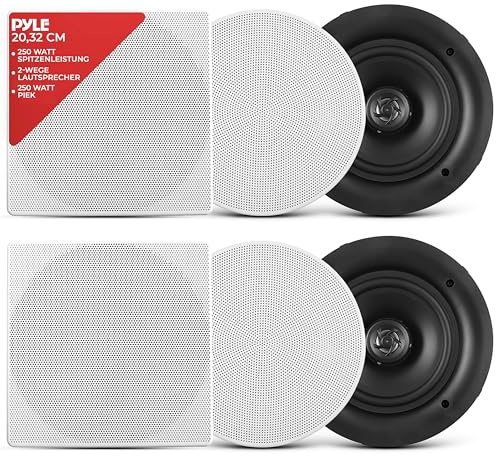 Pyle Deckenlautsprecher / Wandlautsprecher 250 Watt Einbaulautsprecher – Flache 8” (20cm) 2-Wege-Lautsprecher als Stereo Sound System – Einfacher Einbau in Flush Design mit Rundem/Quadratischem Gitter