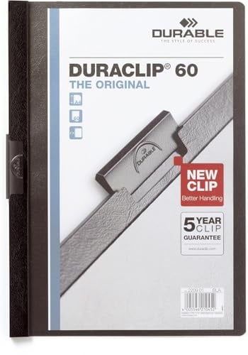 Durable Klemmmappe A4 (Duraclip Original 60, Hartfolie, Klemmhefter bis 60 Blatt A4) 5 Stück, schwarz, 223801