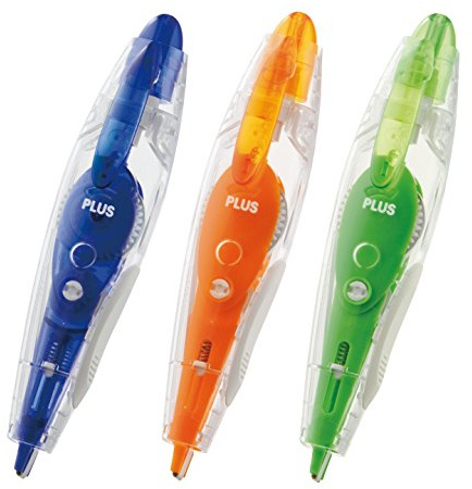 PLUS Korrekturroller PS WH-034M-3P, 6 m x 4.2 mm, Stiftform mit Druckmechanik, 2-Wege-Korrektur, sofort überschreibbar, 3 Stück, blau/orange/grün