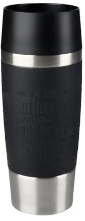 EMSA Travel Mug, Classic Thermobecher, Shopper Kategorie, Doppelwandige Vakuumisolierung, Hält 4 Stunden heiß, 8 Stunden kalt, 360 Grad Trinken, Soft-Touch Silikonhülle, Edelstahl, Black, 513361