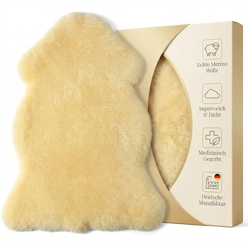 LANABEST, extra großes Lammfell XXL. Echtes Merino Schaffell in Premium-Qualität. Medizinische Gerbung, schadstoffarm, chromfrei 30° waschbar. Fabrikfrisch, Größe ca.100 cm