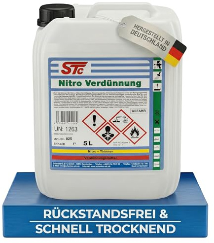 STC Nitroverdünnung 5L – Nitro Verdünnung für Lacke, Farben & Werkzeuge – schnelltrocknende Universalverdünnung für Pistolenreinigung & Oberflächen – Rückstandsfrei in Profiqualität – Made in Germany