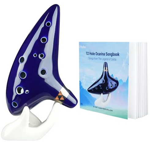 Ohuhu Zelda Ocarina, 12-Loch-Okarina von the Legend of Zelda, Zelda Alto C Triforce Link-Cosplay Geschenk für Zelda-Fans mit Ausstellungsstand Schutztasche Notenschrift, Ceramic Replica, Blau