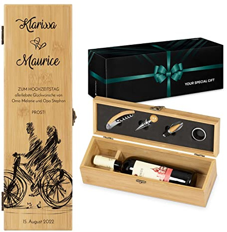Maverton Bambus Weinbox für 0,7L Weinflasche Wein Holzbox + 4er Weinzubehör | Wein Holzbox personalisiert + 4er Weinzubehör, Weinset Weinkiste, Geschenk zur Hochzeit Paare