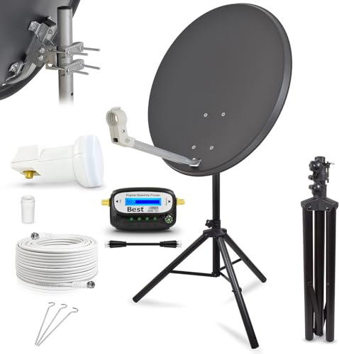 Digitale Camping Sat Anlage Spiegel 60 cm Single LNB 0,1 dB + 10m Kabel + Sat Finder + Dreibein Stativ für Balkon Caravan Mobil Schüssel Antenne HD UHD 4K Geeignet