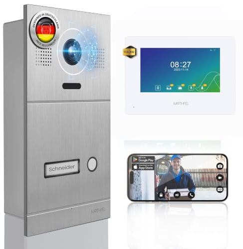 Mathfel 2-Draht IP Video-Türsprechanlage mit Türöffner – Full-HD Kamera, 7 Monitor & App-Steuerung – Smarte Video-Türklingel mit Gegensprechanlage (Silber, 1 Klingeltaster)
