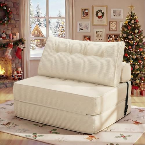 HOMMPA Faltbares Schlafsofa umwandelbarer 3-in-1 Sofa Bett Beige 100CM | Sofa Schlafsessel mit Kissen Sitzsack-Sofa Stuhl Komfortable Schlafcouch Bodensofa-Lounge für Schlafzimmer Wohnzimmer