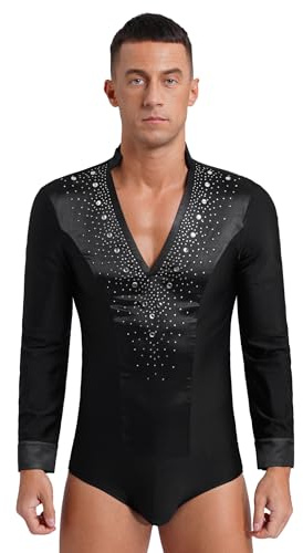 Freebily Herren Body Langarm V-Auschnitt Latein Hemd Mit Glitzer Strass Jazz Tango Top Modern Dance Outfit Performance Tanzkostüm