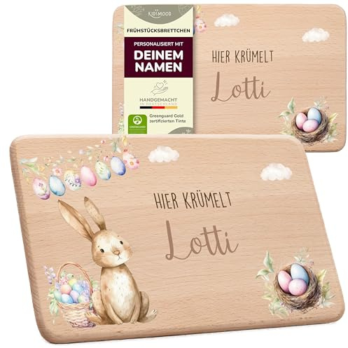 KIDSMOOD - Oster-Frühstücksbrettchen mit Namen | Schneidebrett Holz mit Osterhase-Motiv – Personalisierte Oster-Geschenke für Kinder | Holzbrettchen für Osterdeko & Osterfrühstück [22x14 cm]