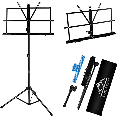 EASTROCK Notenständer,2-in-1-Klapp-Notenständer mit doppeltem Verwendungszweck und Desktop-Bücherständer stabil, tragbar und leicht mit Notenbogen-Cliphalter.Metall Notenständer mit Tasche(Schwarz)