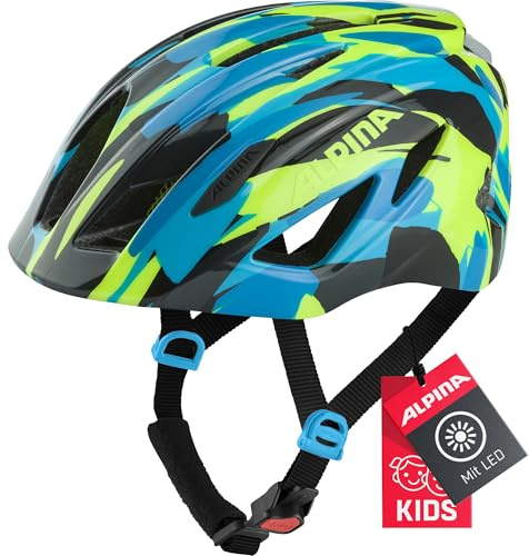 ALPINA PICO Flash - Beleuchteter, Leichter & Bruchfester Fahrradhelm Mit Fliegennetz Für Kinder, neon-Blue Green Gloss, 50-55 cm