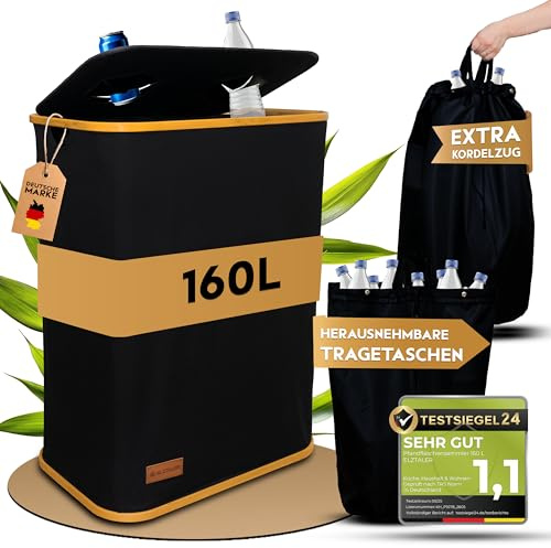 Pfandflaschen Sammelbehälter 160 L · Leergut Sammelbehälter & Pfandbehälter | 2 Fächer · Flaschen Organizer · Recycling Behälter · doppelter Bambusrahmen oben & unten · extra stabil · für Küche & Keller