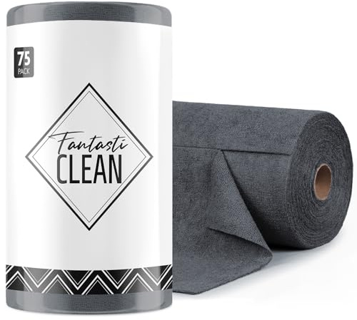 Fantasticlean Mikrofaser Reinigungstücher, 75 Stück pro Rolle Abreißbare Putztücher, Wiederverwendbare Fusselfreie Lappen für Auto, Küche und Haus 30 x 30 cm - Dunkelgrau