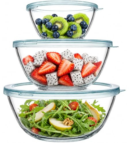 Luvan Glasschüssel mit Deckel 3er-Set (4.2 L,2.5 L,1 L), Große Rund Salatschüsseln für die Küche, ideal zum Aufbewahren von Lebensmitteln, Kochen, Backen, Vorbereiten, Spülmaschinenfest