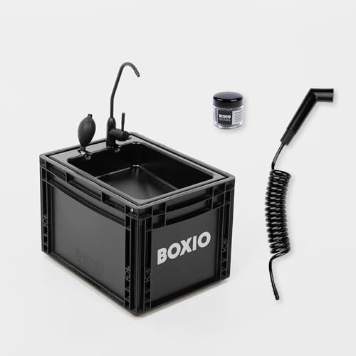 BOXIO - WASH Plus: Mobiles 40x30 Camping Spülbecken Starterset ohne Strom | Campingdusche, Reinigungsperlen & Spiegel: Waschbecken mit Pumpe, Camping Zubehör in Eurobox für den (outdoor) Van Ausbau