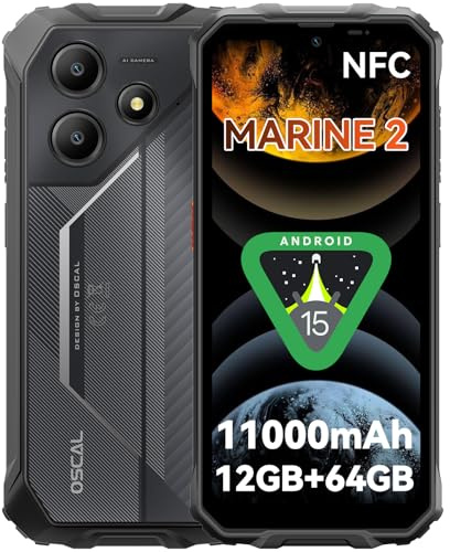 OSCAL Marine 2 Outdoor Handy Ohne Vertrag 11000mAh(18W), Android 15 Outdoor Smartphone Mit Gemini AI, 6.56 90Hz 12+64GB/2TB Baustellenhandy, IP68, 16MP+8MP Rugged Smartphone,Dual 4G SIM/NFC/OTG/GPS