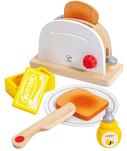 Hape Pop-up-Toaster-Set - Küchen-Fantasiespiel mit Frühstückszubehör, Küchen-Spielzeug aus Holz, Pop-up-Toaster-Set, Rollenspiel Küchenzubehör, Lernspielzeug für Kinder ab