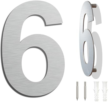 Edelstahl Hausnummer - Wetterfest und Pflegeleicht - Metallic Mattes Silber Finish - Moderner Schwebender Aussehen und Einfache Installation - Höhe 152 mm - Arial Ziffer 6