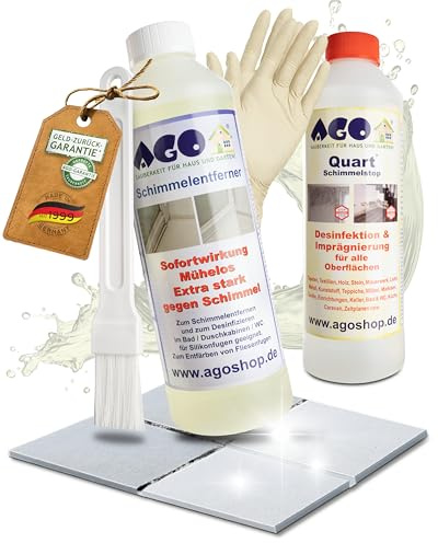 AGO Set Schimmelentferner & Schimmelstop je 500ml/ hochkonzentriertes Anti Schimmel Mittel mit Pinsel & Handschuhen – stärker als herkömmliche Sprühreiniger