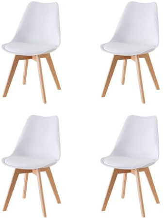 Baroni Home ESS- oder Bürostuhl mit Holzbeinen aus Buche, Ergonomischer Kunststoffstuhl mit integrierten Kissen, 50X48X82 cm (Weiß, 4)