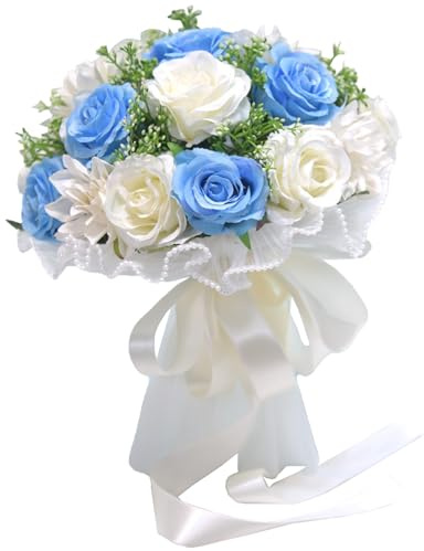 MINGZHE Hochzeitssträuße für die Braut, Künstliche Rosen, Brautstrauß für Brautjungfern, Hochzeit, Brautsträuße, Heimparty, Hochzeitsdekoration(weiß Blau)