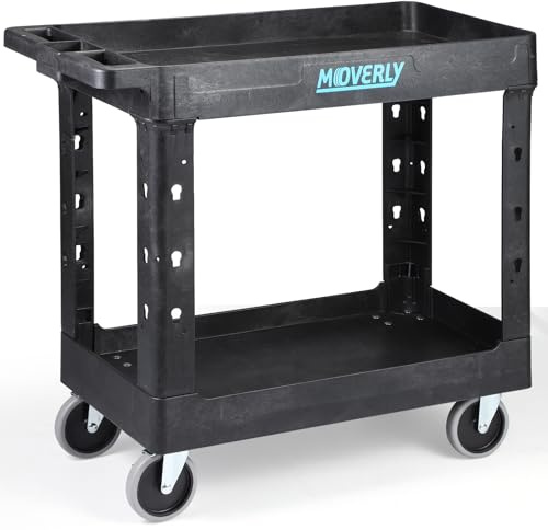Schwerlast Kunststoff-Servierwagen, 87 x 42.5 cm, 2-stufiger Servicewagen mit tiefen Regalen, voll schwenkbaren Rädern, 250 kg Kapazität – Rollwagen, Trolley, Werkzeugorganisator, Transportwagen
