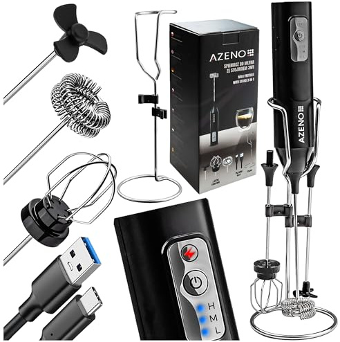 AZENO Milchaufschäumer Stab 3in1, Wiederaufladbarer USB-C, Handmilchaufschäumer mit Ständer & 3 Edelstahlaufsätze, Milk Frother mit Geschwindigkeitsregel, für Kaffee, Matcha & Latte