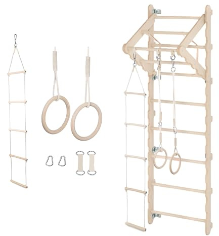 MAMOI® Sprossenwand 210 cm für Erwachsene, Holz Kletterwand mit Klimmzugstange, Turnringen und Kletterseil, Trainingsgerät für Zuhause und Fitnessraum