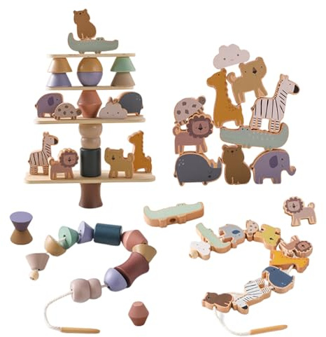 Smartwo Montessori Fädelspiel aus Holz, Holzspielzeug für Stapelspiel, Motorikspielzeug für Kleinkinder, Bauklötze in Tiere-Form, Geburtstaggeschenk für Mädchen Jungen 3 4 Jahre