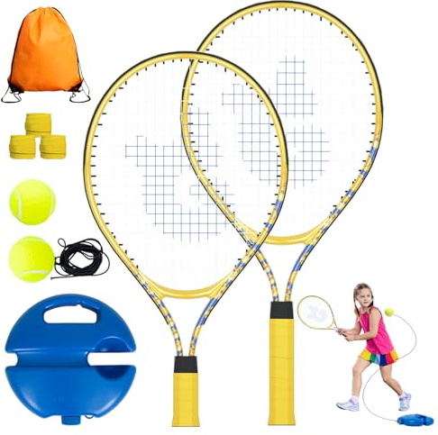 JOY SPOT! Tennisschläger 2 Pack, Tennis Trainer Set mit Rebound Ball, Tennisbälle mit Schnur & Tasche für Anfänger, Kinder & Erwachsene, Trainingsgerät for Outdoor Gartenspiele