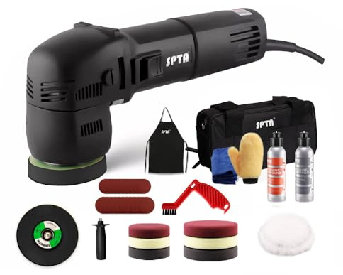 SPTA Poliermaschine, 9mm 750W Exzenter Poliermaschine Polierer mit Geschwindigkeit 2500-5500RPM, 80mm Polierteller,Polierschwamm,Polierpad, Seitengrif