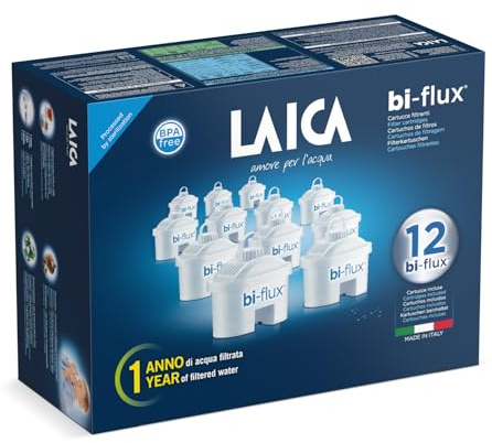 LAICA bi-flux® Wasserfilter - Bewahrt die für den Körper wichtigen Mineralsalze und reduziert unerwünschte Stoffe - 1 Jahr gefilterten, wohlschmeckenden Wassers (12 x 150L Filter) - Made in Italy