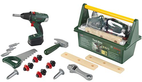 Theo Klein 8520 Bosch Werkzeug-Box | Mit Werkzeug und Zubehör| Inkl. batteriebetriebenem Akkuschrauber mit Licht und Sound | Spielzeug für Kinder ab 3 Jahren