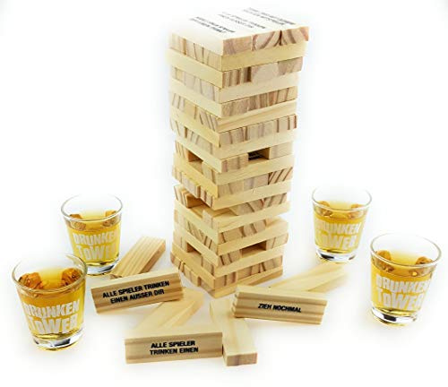 Bambelaa! Trinkspiel Partyspiel Wackelturm Drunken Tower inklusive Vier Trinkgläser ca. 4cl (Deutsche Version)