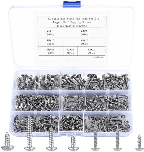 220 Stück Selbstschneidende Schrauben, Kreuzschlitz Holzschrauben mit Unterlegscheiben, Edelstahl Selbstbohrende Befestigungselemente Tellerkopfschrauben für Reparaturen, Holzbearbeitung - M3/M4/M5