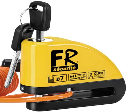 FR SECURITE FR7Y Bremsscheibenschloss, Motorrad Schloss mit Alarm 110dB, Hohe Sicherheit, Wasserdicht, Klickschloss, Tasche, 1.5m Rückrufkabel, Universelles Motorradschloss Fahrradschloss Moped eBike