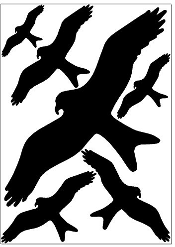 Vogel Aufkleber gegen Vogelschlag, zur Vogelabwehr, Warnvögel als Vogelschutz, 6 Vogelschreck Aufkleber auf A4 Blatt, Fensterschutz gegen Glasbruch, hochwertige Langzeitfolie für den Außenbereich