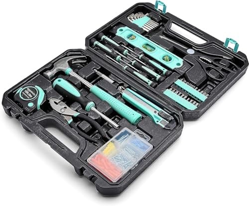 Amazon Basics 142-Teiliges Werkzeugkoffer, Werkzeugset für Haushaltsprojekte, Reparaturen und Heimwerkerarbeiten, Rutschfeste Griffe, 34,0cm x 23,5cm x 7,5cm, Türkis