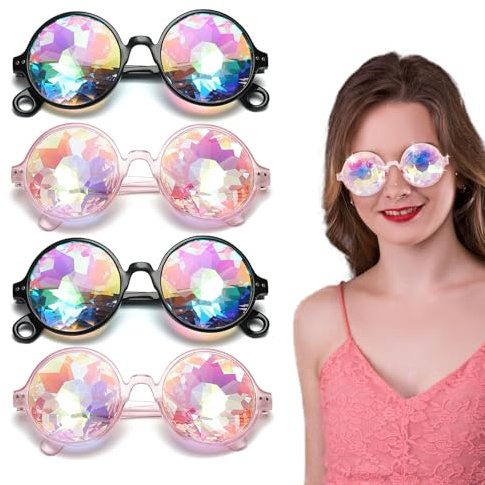 FUIPVGI Kaleidoskop-Brille, Rave-Brille, Rave-Brille, Partybrille für Festivals, Cosplay-Brille, Regenbogen-Licht-Beugungsbrille für Raves, Musikfestival, Kostümparty (schwarz, rosa), 4 Stück