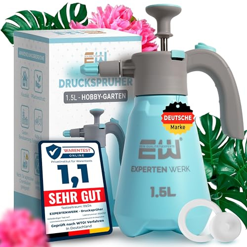 ExpertenWerk Drucksprüher 1,5L für Blumen Pflanzen Balkon & Zimmerpflanzen – Auslaufsichere Pumpsprühflasche Gartenspritze Pflanzensprüher mit Verstellbarer Düse, feinem Sprühnebel & Überdruckventil