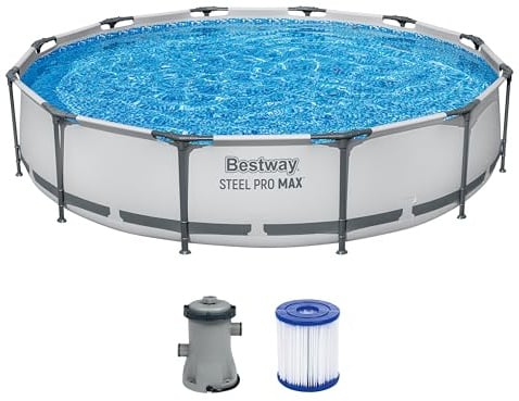 Bestway Steel Pro Max™ Frame Pool-Set, rund, mit Filterpumpe 366 x 76 cm | Die Filterpumpe unterstützt die laufende Wasserumwälzung; der Stahlrahmen stabilisiert die runde Beckenwand.