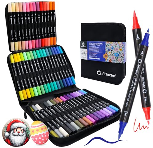 Artecho Acrylstifte 48 Farben mit Stoffbeutel, 0.5-5mm Wasserfester Dual Tip Marker (Pinsel und feine Spitze), mit doppelten Enden für Rock Painting, Glas, Papier, Ei, Leinwand, Keramik, DIY Crafts