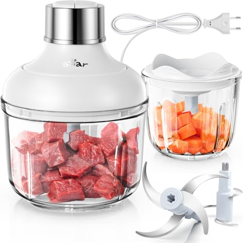 Bear 0.6L+2L Zerkleinerer Glas, 2 Geschwindigkeitsstufen, Häcksler mit 4-Edelstahlklingen und Fleischwolf, Glasbehälter Zerkleinerer für Fleisch,Babynahrung,Obst,Gemüse,Elektrisch Mini chopper