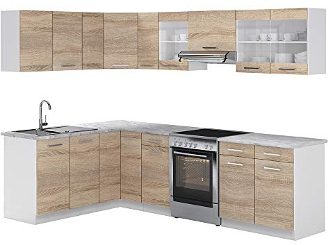 Vicco Eckküche Rick, Sonoma/Weiß, 270 x 60 cm, AP Marmor, mit variabel kombinierbaren Modulen und höhenverstellbaren Füßen