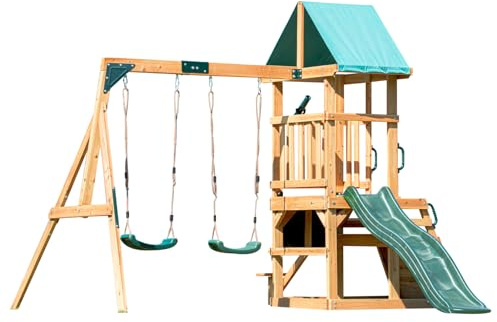 DOLPHIN PLAYGROUND T Schaukelgestell Outdoor-Set mit 2 Schaukeln, Rutsche, Kletterwand, Tafel, Picknicktisch & Teleskop - Robustes Outdoor-Spielgerät aus Zedernholz für Kinder ab 3 Jahren