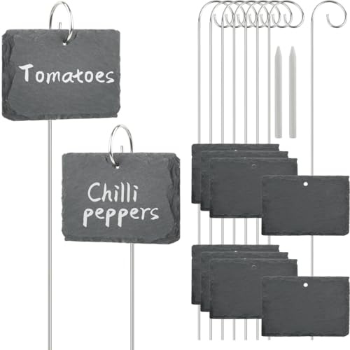 TMBMLPP 10er Set Schiefer Pflanzenschilder,10 x 7cm Pflanzenschilder zum Beschriften Schiefer,Witterungsbeständig, Wiederverwendbar,Garten Schiefertafel Schilder mit Metallstab und Kreide